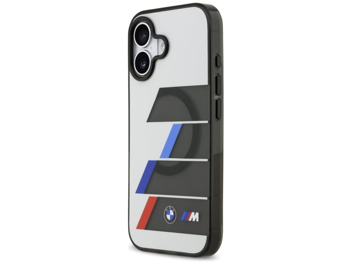 Funda MagSafe BMW M IML con botones metálicos y líneas tricolores para iPhone 17 - Gris