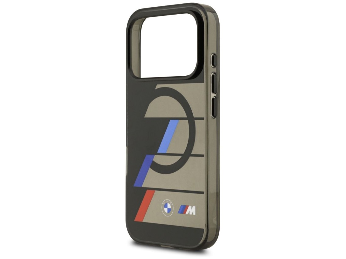 Funda MagSafe BMW M IML con botones metálicos y líneas tricolores para iPhone 17 Pro - Negra