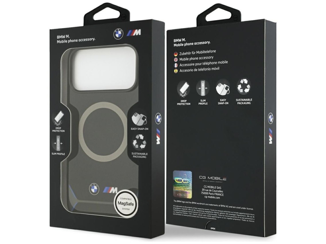 Funda MagSafe BMW M IML con botones metálicos y logotipo para iPhone 17 Pro Max - Azul