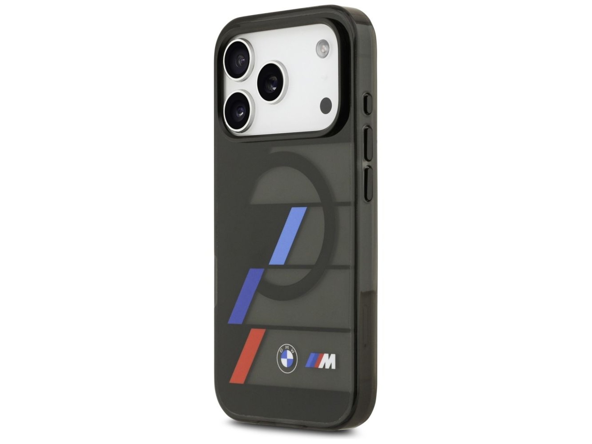 Funda MagSafe BMW M IML con botones metálicos y líneas tricolores para iPhone 17 Pro - Negra