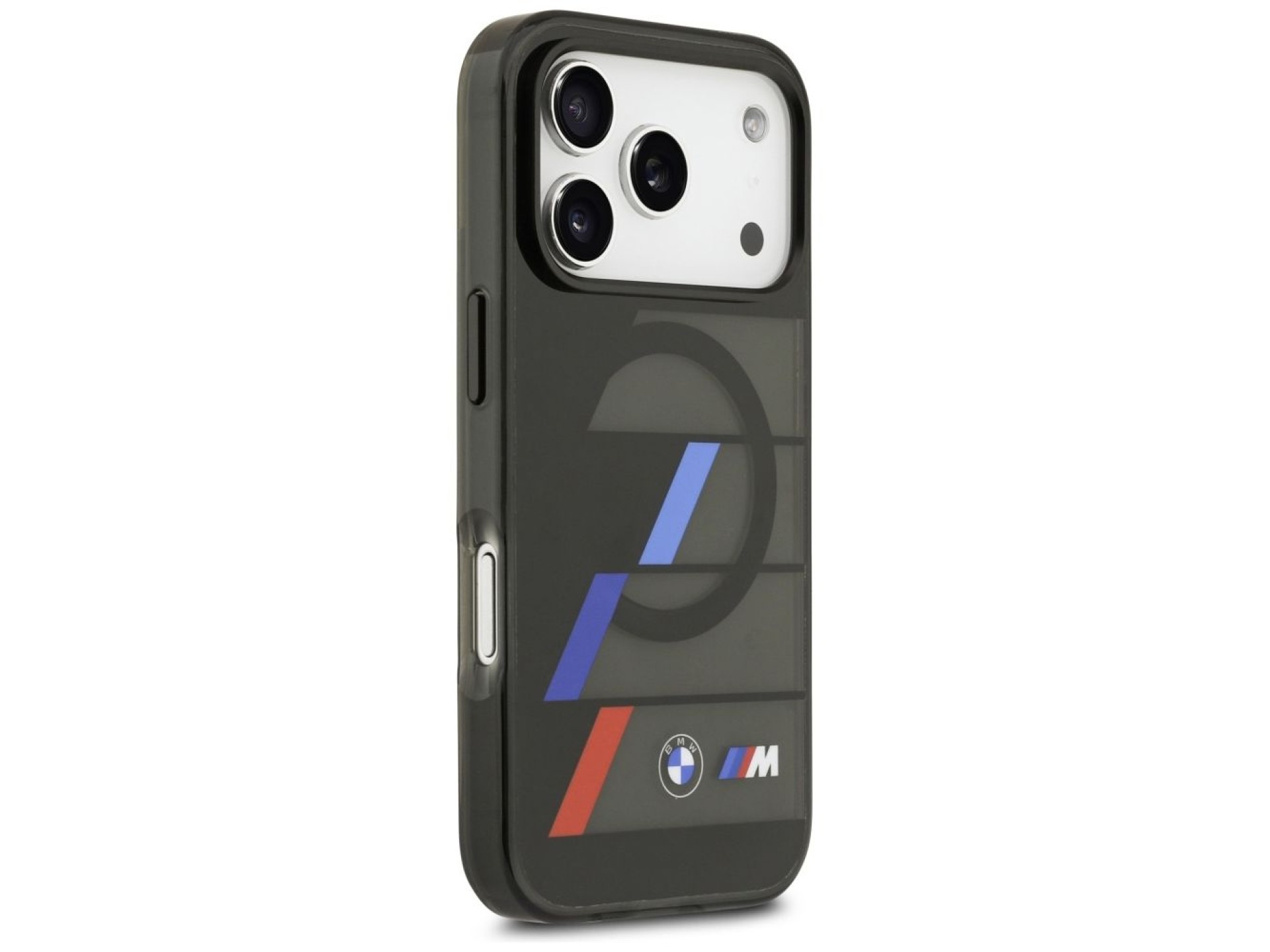 Funda MagSafe BMW M IML con botones metálicos y líneas tricolores para iPhone 17 Pro - Negra