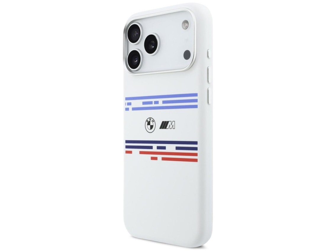 Capa MagSafe BMW M de silicone com linhas horizontais para iPhone 17 Pro Max - Branca
