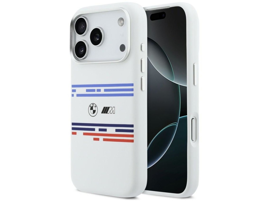 Funda BMW M Silicona con Línea Horizontal MagSafe para iPhone 17 Pro - Blanca