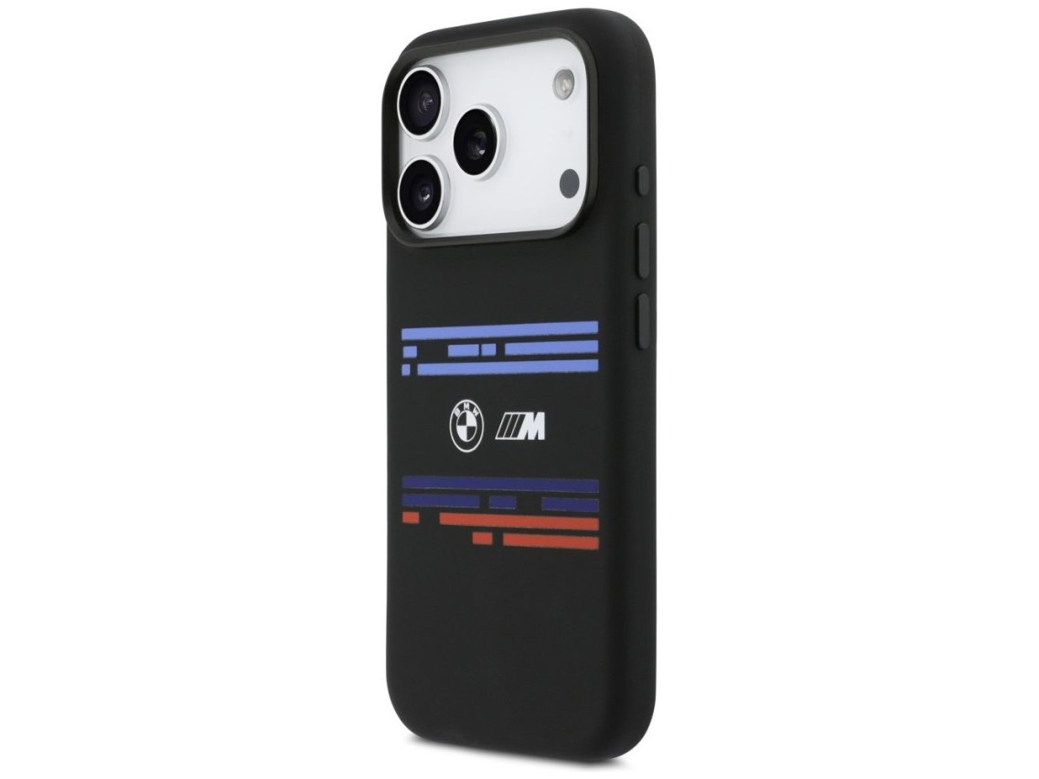 Capa MagSafe BMW M de silicone com linhas horizontais para iPhone 17 Pro - Preta