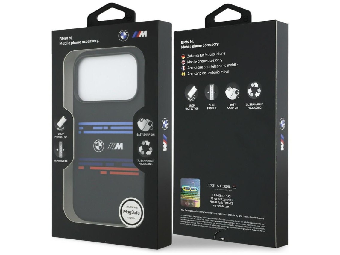 Capa MagSafe BMW M de silicone com linhas horizontais para iPhone 17 Pro - Preta