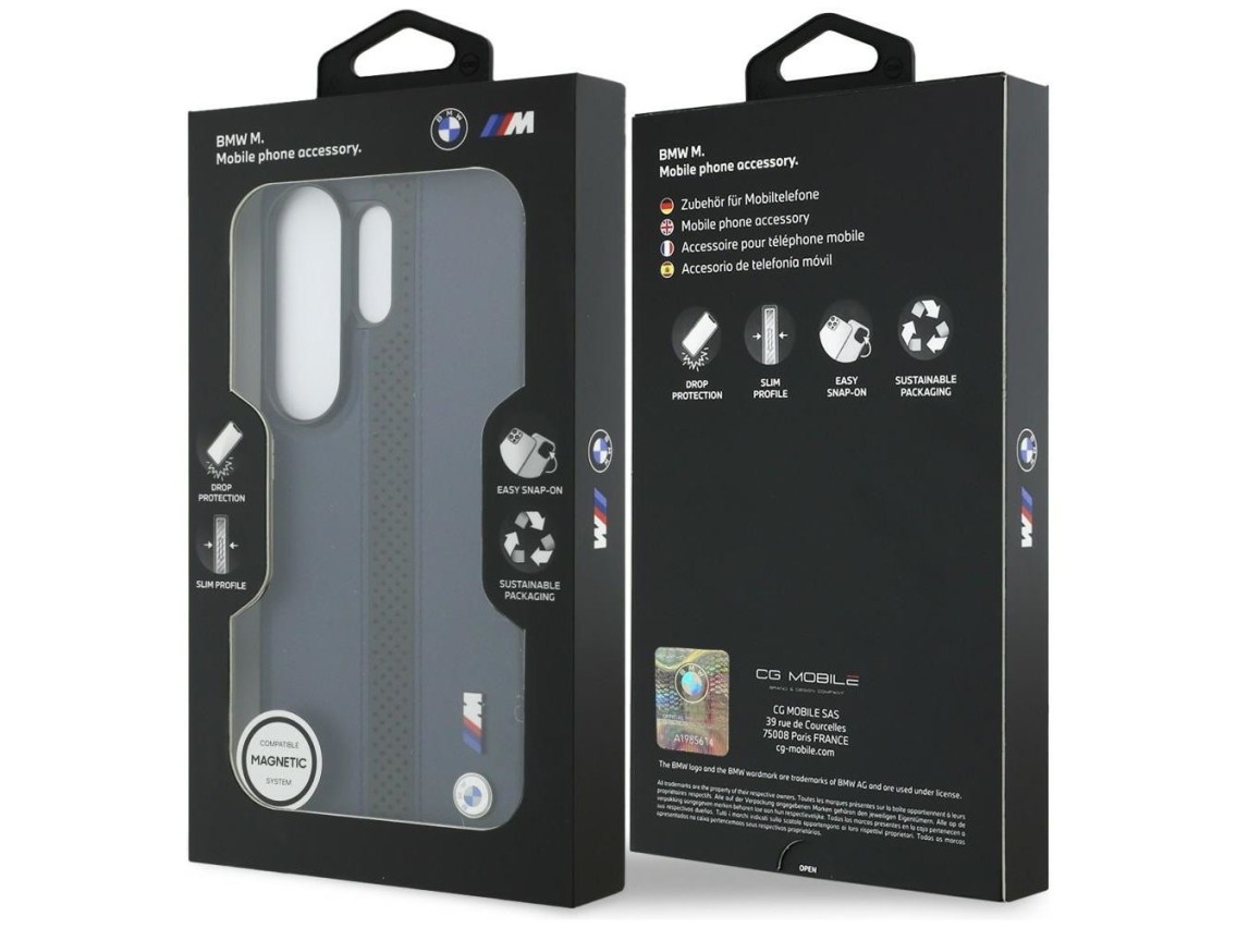 Capa MagSafe com logotipo BMW Perfurado e Listras para Samsung Galaxy S26 Ultra - Azul Marinho