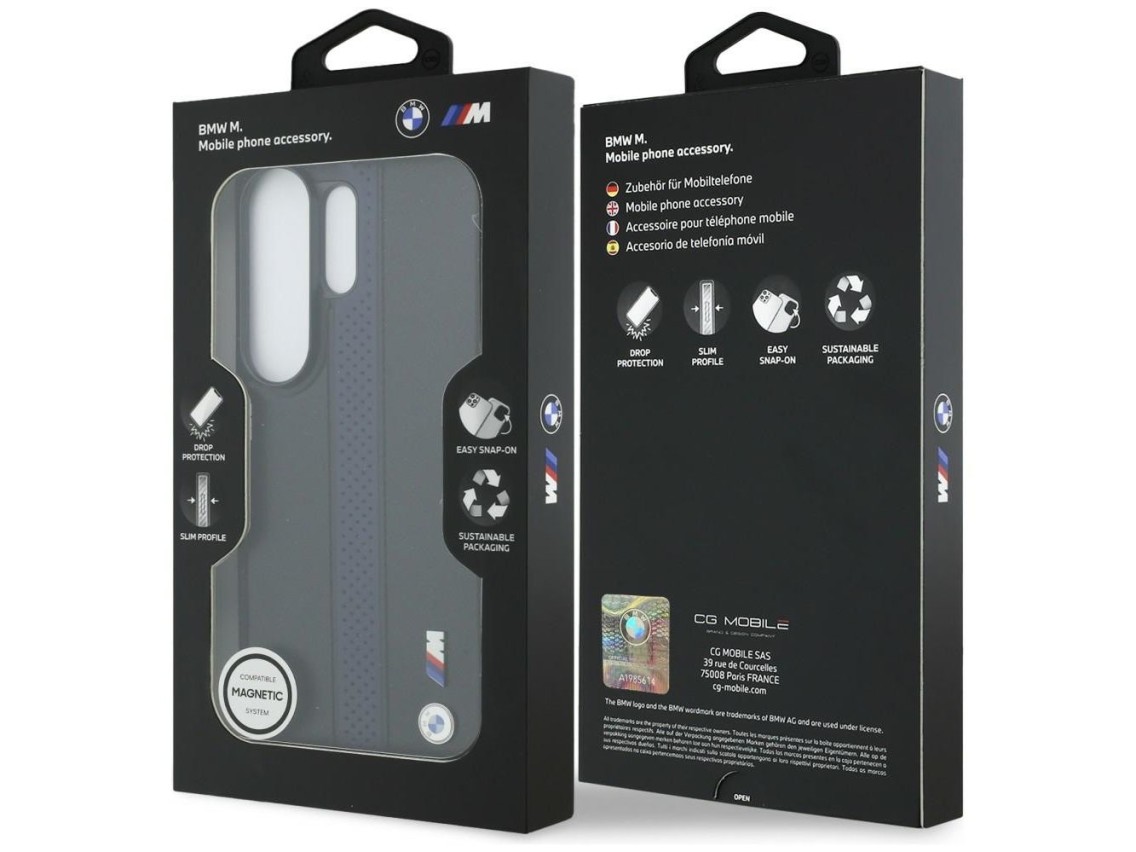 Capa MagSafe com logotipo BMW Perfurado e Listras para Samsung Galaxy S26 Ultra - Azul