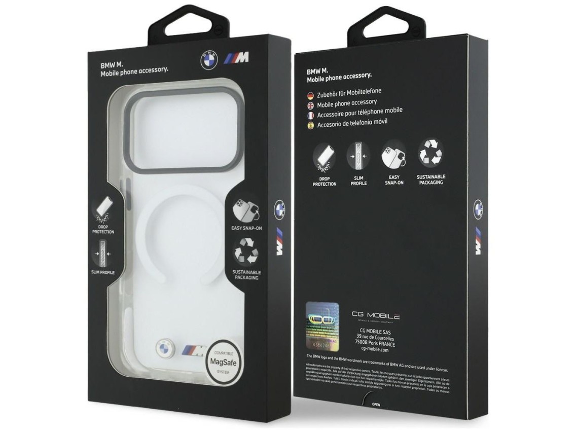 Capa MagSafe BMW M IML � prova de choque com logotipos met�licos para iPhone 17 Pro Max - Transparen