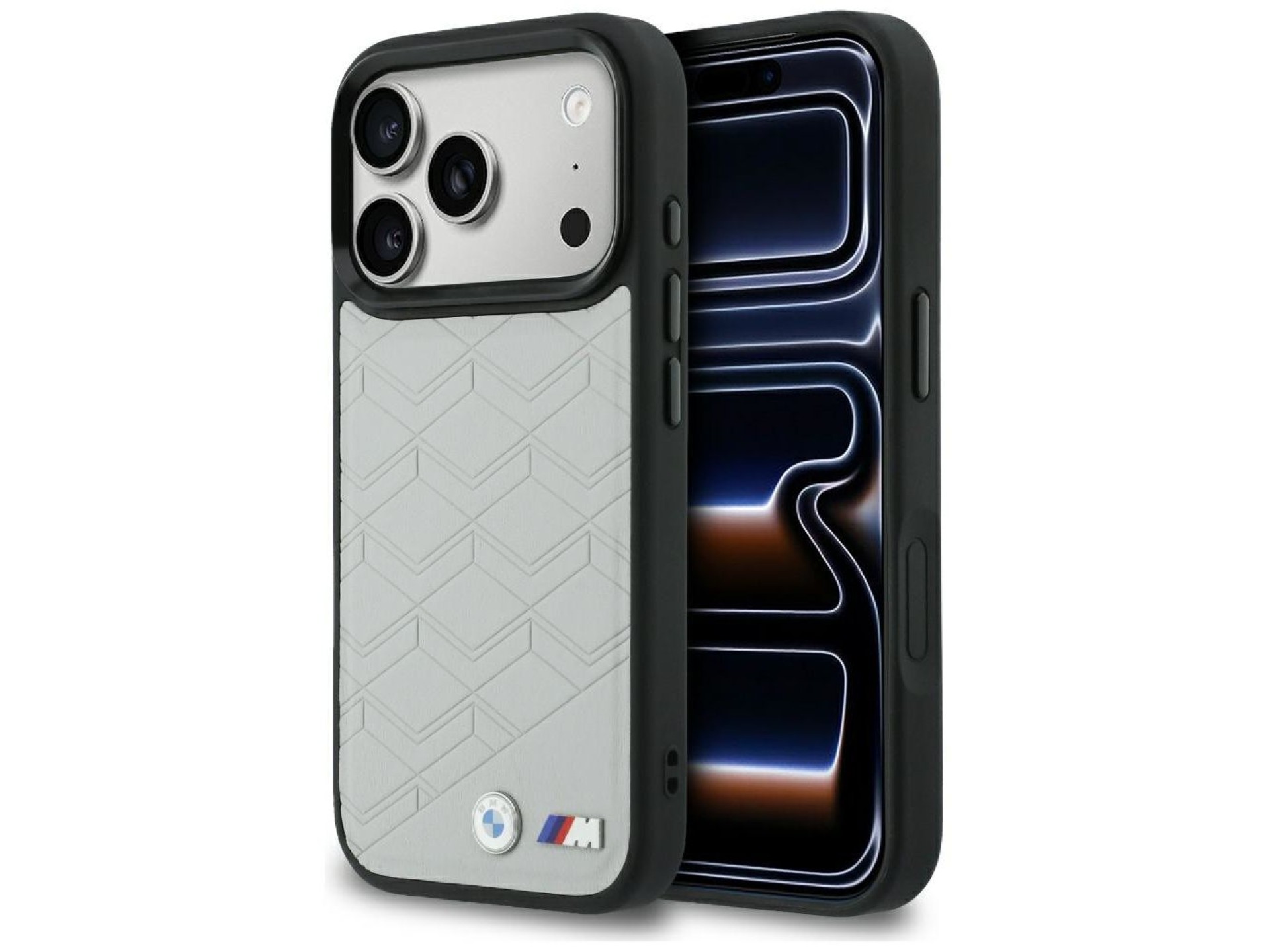 Capa MagSafe com o logotipo BMW M para iPhone 17 Pro, cinza.