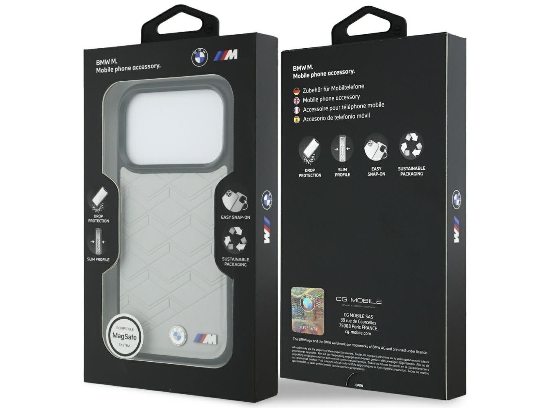 Capa MagSafe com o logotipo BMW M para iPhone 17 Pro, cinza.
