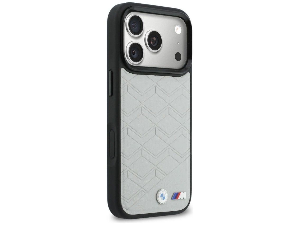 Capa MagSafe com o logotipo BMW M para iPhone 17 Pro, cinza.