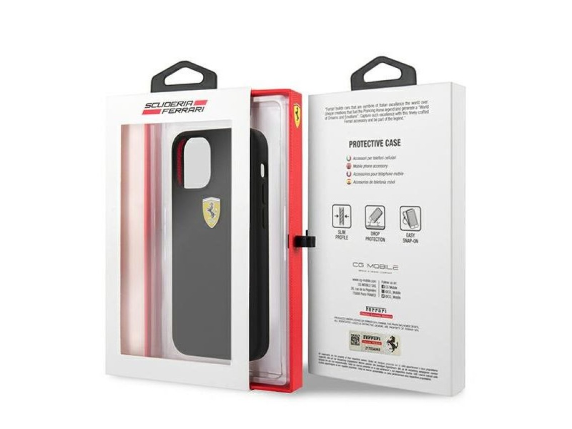 Funda rígida Ferrari FESSIHCP12SBK para iPhone 12 mini de 5,4" en color negro/negro, de silicona On
