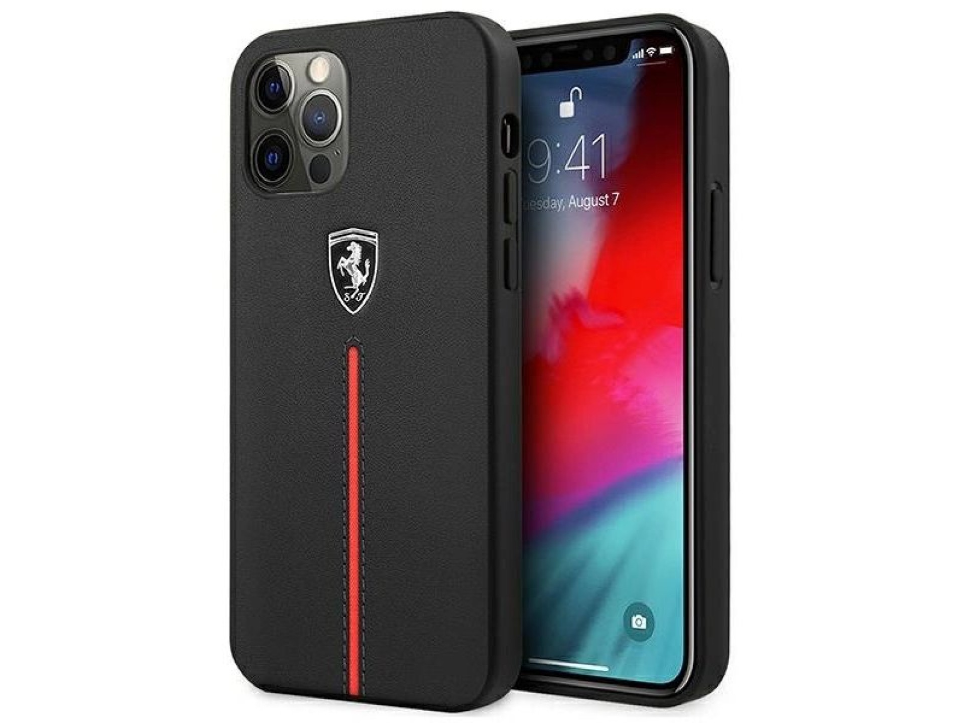 Funda rígida Ferrari FEOMSHCP12LBK para iPhone 12 Pro Max, color negro/negro, con franja de cuero y