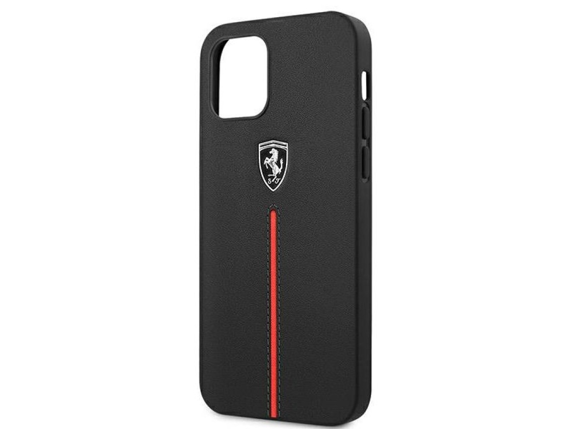 Funda rígida Ferrari FEOMSHCP12LBK para iPhone 12 Pro Max, color negro/negro, con franja de cuero y