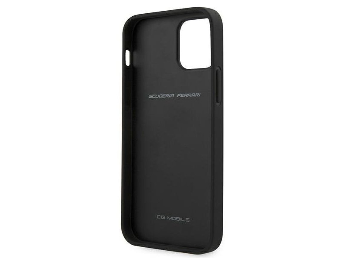 Funda rígida Ferrari FEOMSHCP12LBK para iPhone 12 Pro Max, color negro/negro, con franja de cuero y