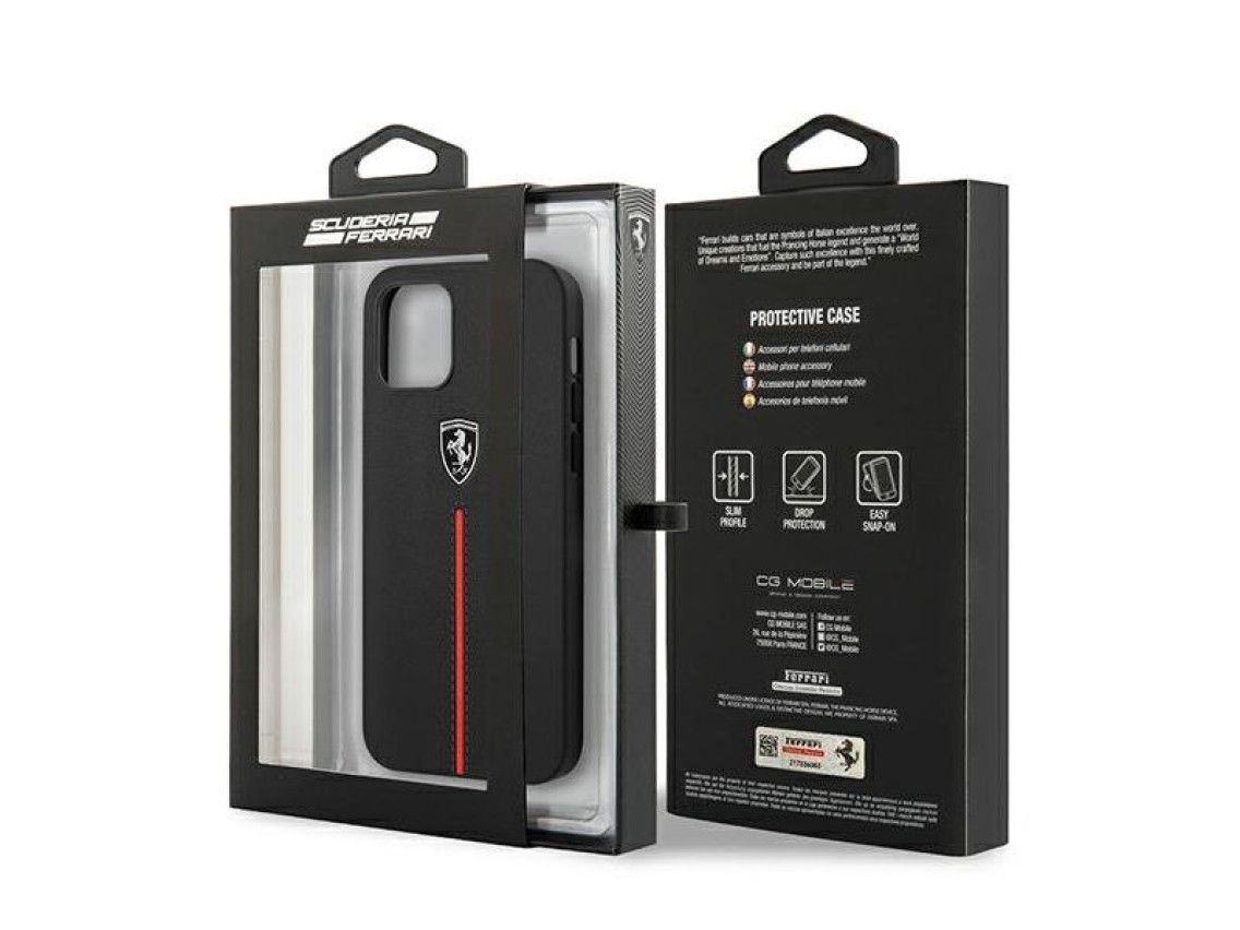 Funda rígida Ferrari FEOMSHCP12LBK para iPhone 12 Pro Max, color negro/negro, con franja de cuero y