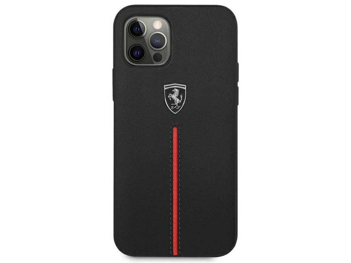 Funda rígida Ferrari FEOMSHCP12LBK para iPhone 12 Pro Max, color negro/negro, con franja de cuero y