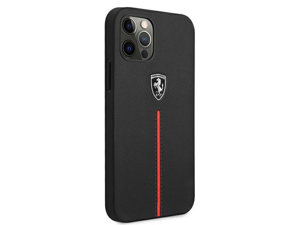 Funda rígida Ferrari FEOMSHCP12LBK para iPhone 12 Pro Max, color negro/negro, con franja de cuero y