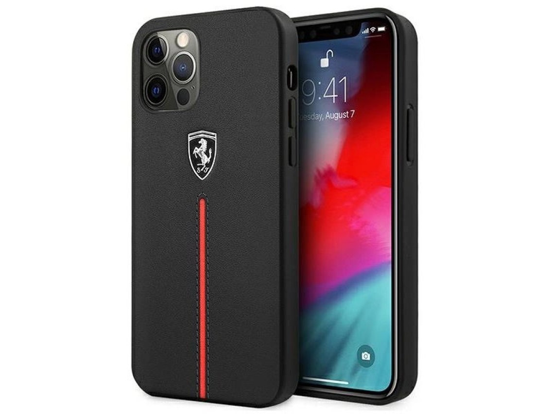 Funda rígida Ferrari FEOMSHCP12LBK para iPhone 12 Pro Max, color negro/negro, con franja de cuero y