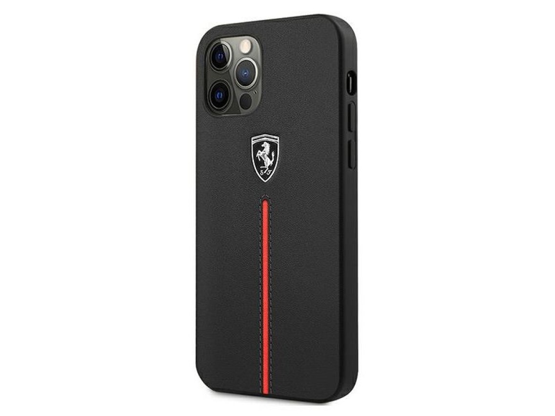 Funda rígida Ferrari FEOMSHCP12LBK para iPhone 12 Pro Max, color negro/negro, con franja de cuero y
