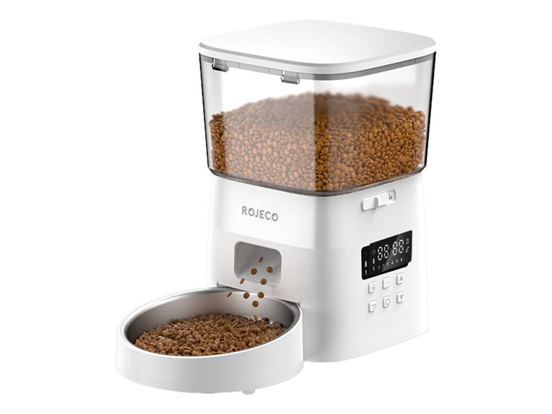 Comedero automático para mascotas Rojeco de 2 litros con botón (blanco)