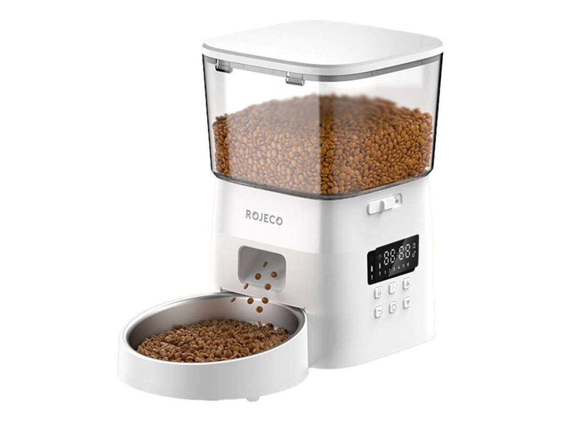 Comedero automático para mascotas Rojeco de 2 litros con botón (blanco)