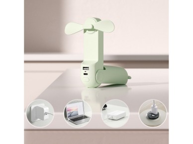 Ventilador port�til Jisulife Life8 Mini com USB, bateria externa de 2000mAh e lanterna - Verde