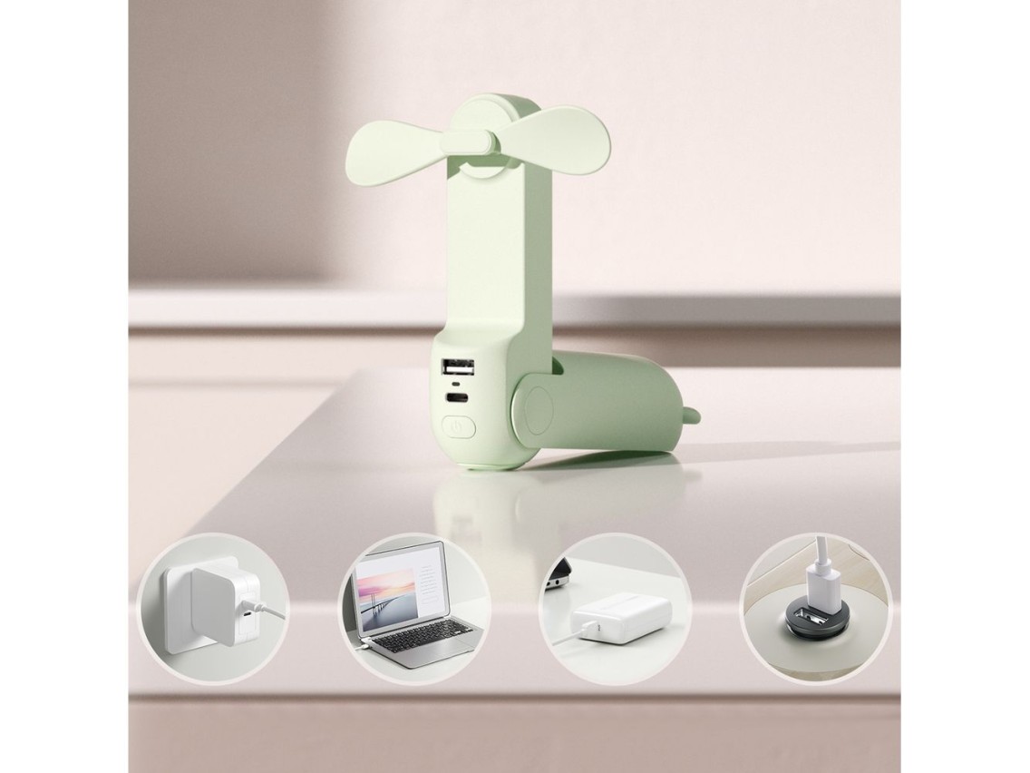 Ventilador portátil Jisulife Life8 Mini com USB, bateria externa de 2000mAh e lanterna - Verde