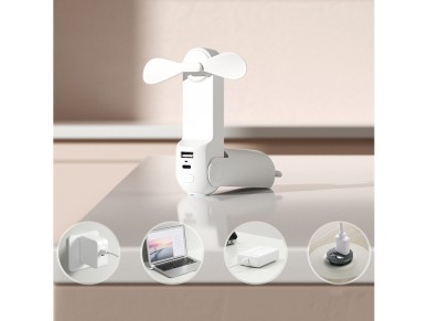 Ventilador port�til Jisulife Life8 Mini con USB, bater�a externa de 2000 mAh y linterna - Blanco