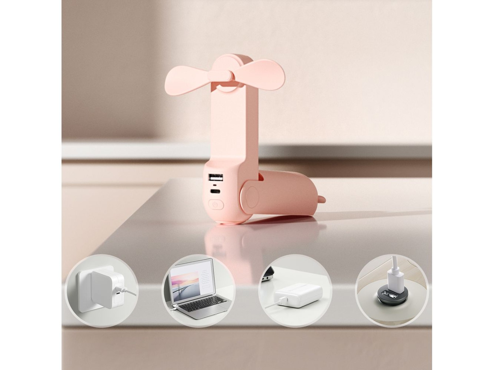 Ventilador portátil Jisulife Life8 con USB, función de batería externa de 2000 mAh y linterna - Rosa