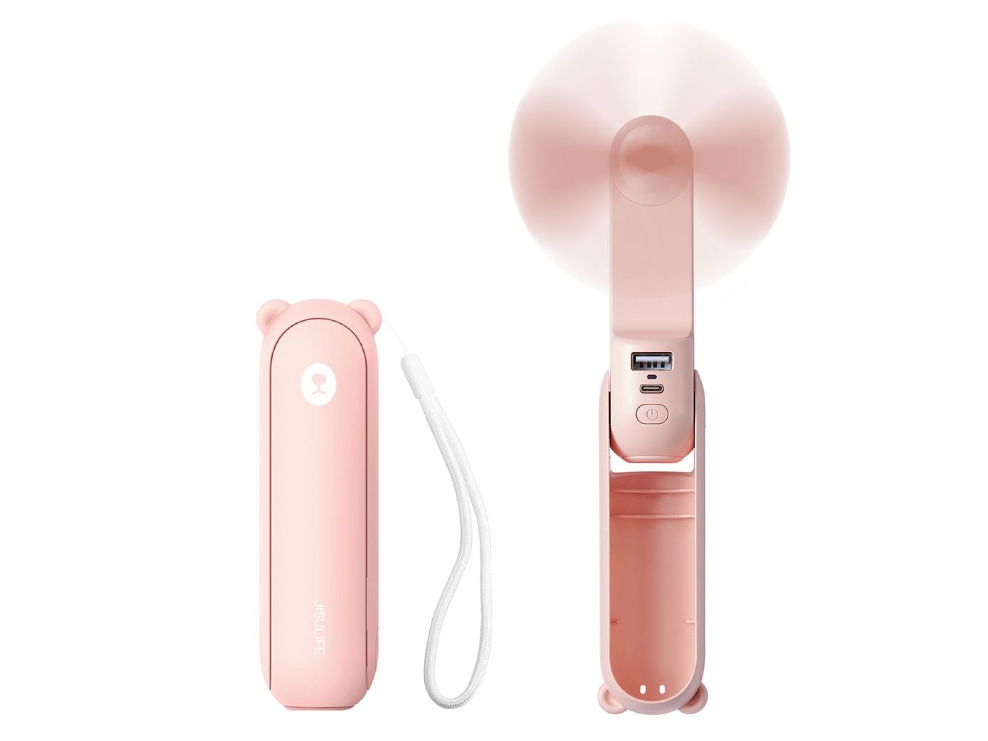 Ventilador portátil Jisulife Life8 con USB, función de batería externa de 2000 mAh y linterna - Rosa