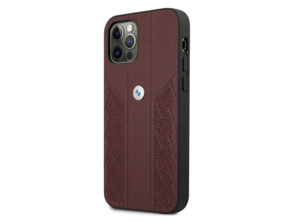 Capa BMW em couro perfurado com curvatura para iPhone 12 / iPhone 12 Pro - Vermelha