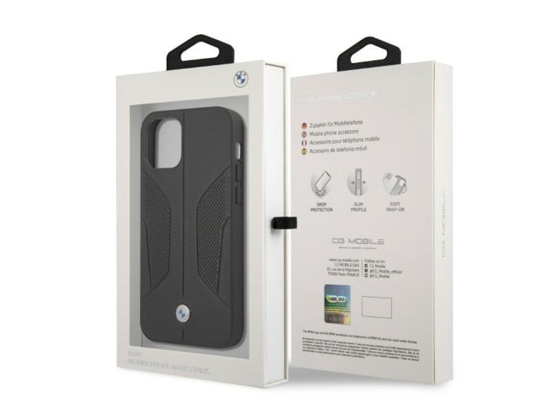 Capa BMW em couro perfurado com laterais para iPhone 12 / iPhone 12 Pro - Preta