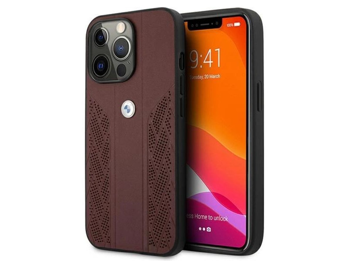 Capa BMW em couro perfurado com curvatura para iPhone 13 Pro / iPhone 13 - Vermelha