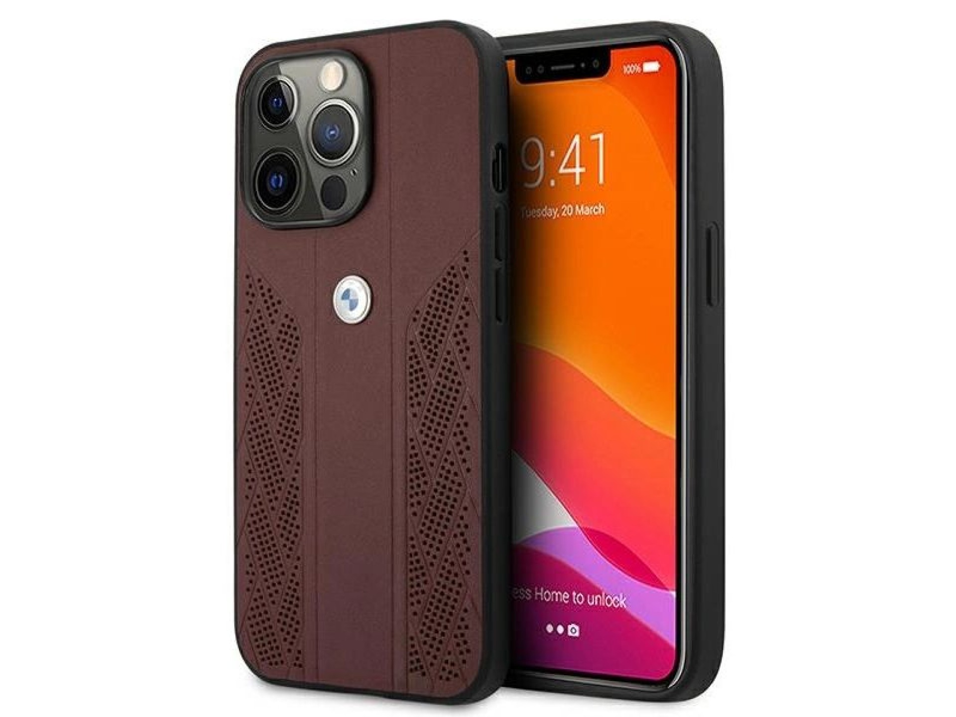 Capa BMW em couro perfurado com curvatura para iPhone 13 Pro / iPhone 13 - Vermelha