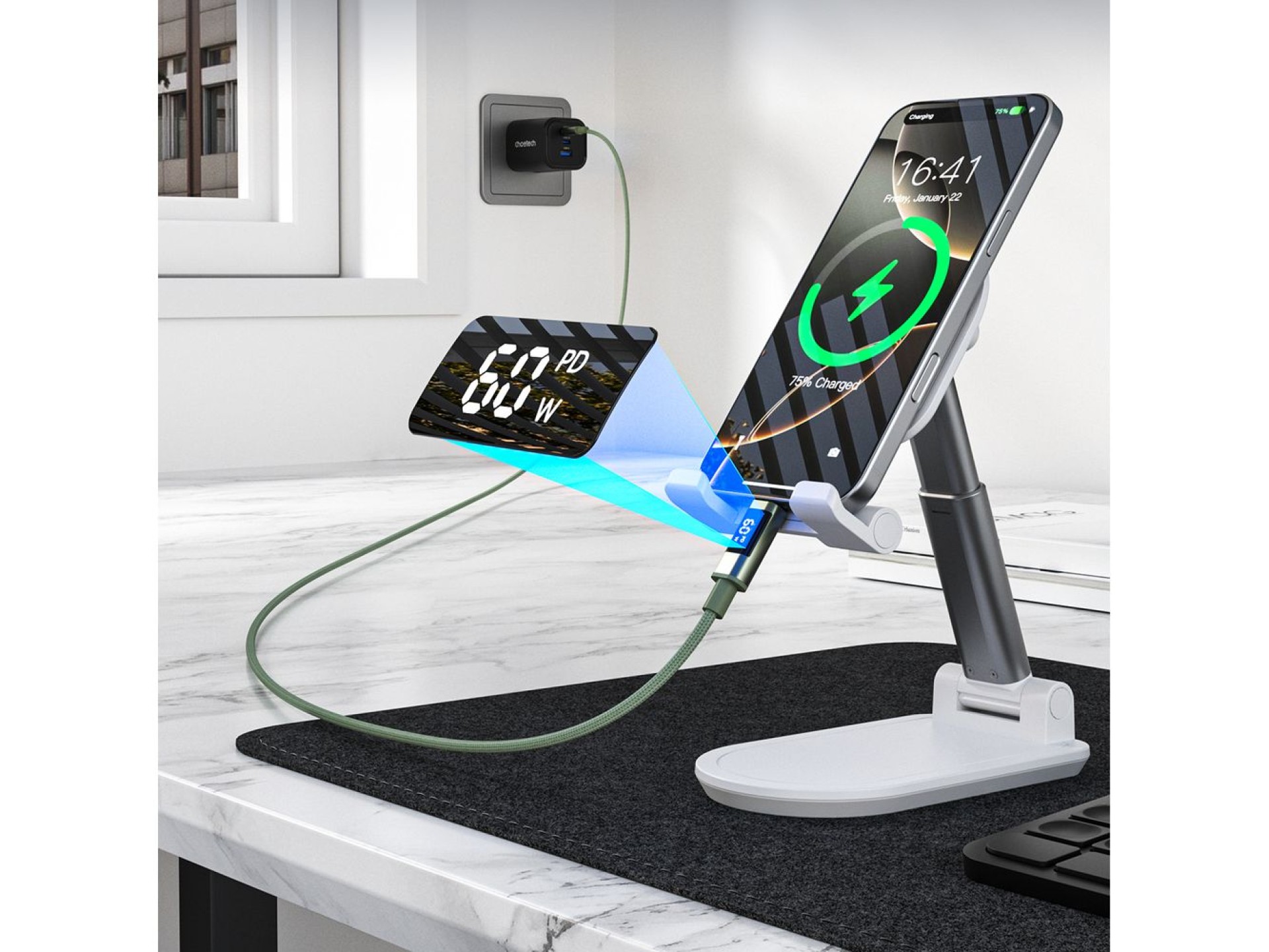 Choetech XCC-1068 PD 60W USB-C - Cabo USB-C com Display de 1,2 m - Verde
