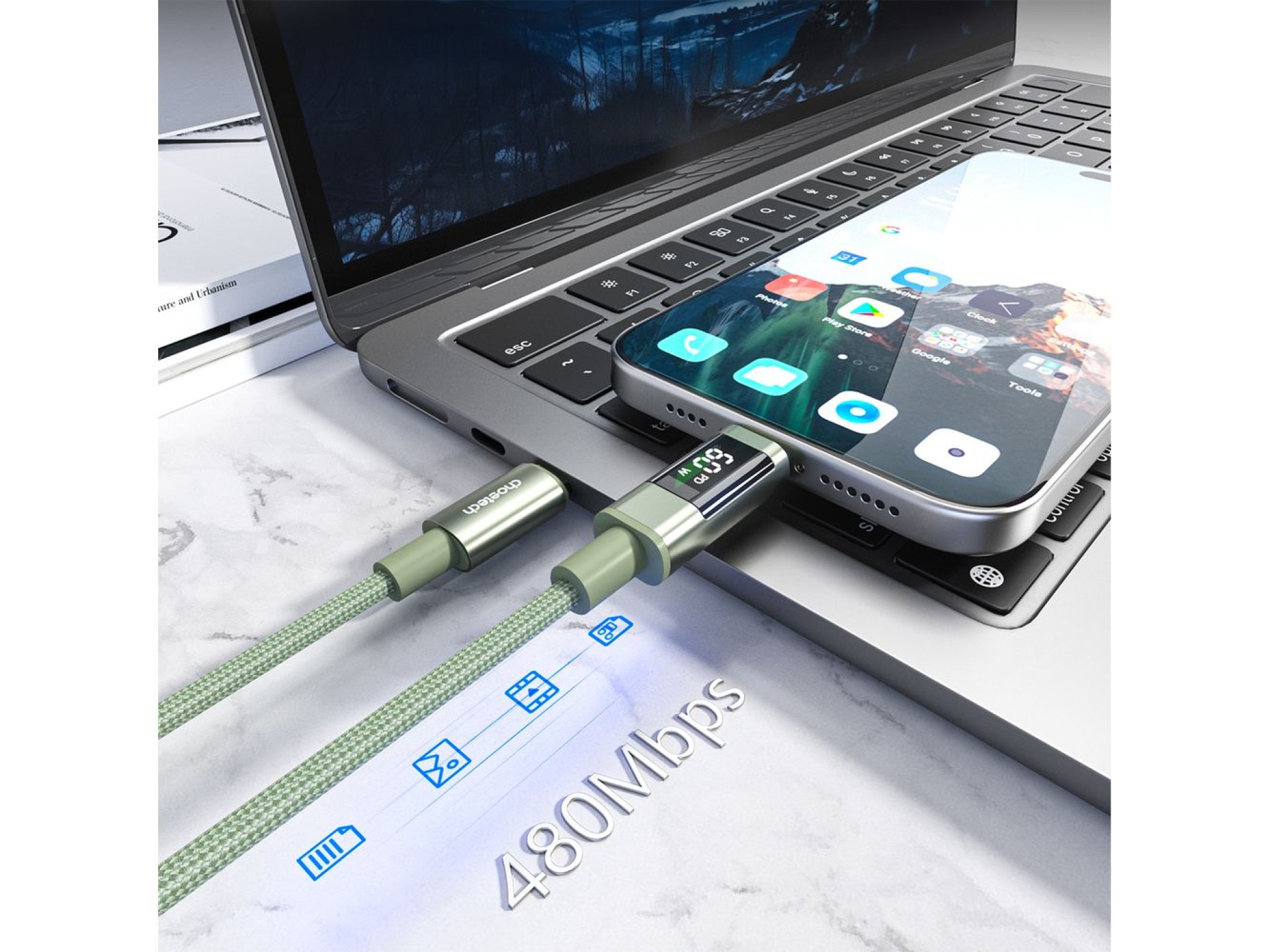 Choetech XCC-1068 PD 60W USB-C - Cabo USB-C com Display de 1,2 m - Verde
