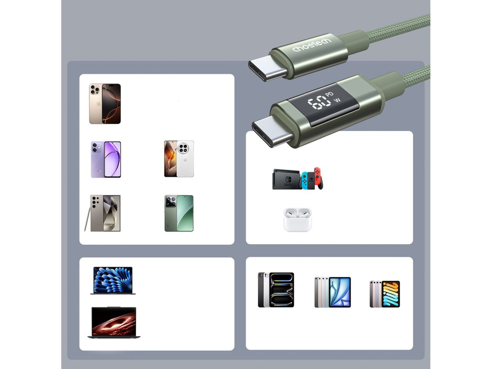 Choetech XCC-1068 PD 60W USB-C - Cabo USB-C com Display de 1,2 m - Verde