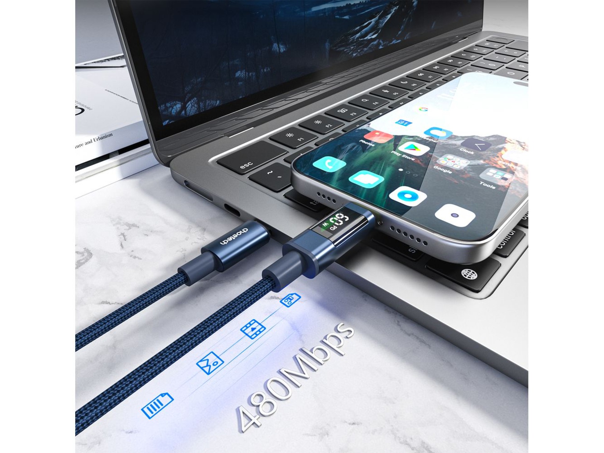 Choetech XCC-1068 PD 60W USB-C - USB-C Cable with Display 1.2 m - Blue