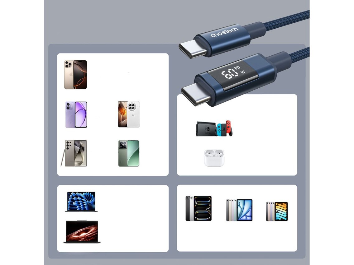 Choetech XCC-1068 PD 60W USB-C - USB-C Cable with Display 1.2 m - Blue