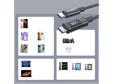Choetech XCC-1068 PD 60W USB-C - USB-C Cable with Display 1.2 m - Black Choetech XCC-1068 PD 60W USB-C - USB-C Cable with Display 1.2 m - Black