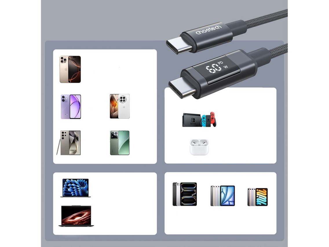 Choetech XCC-1068 PD 60W USB-C - Cable USB-C con pantalla de 1,2 m - Negro