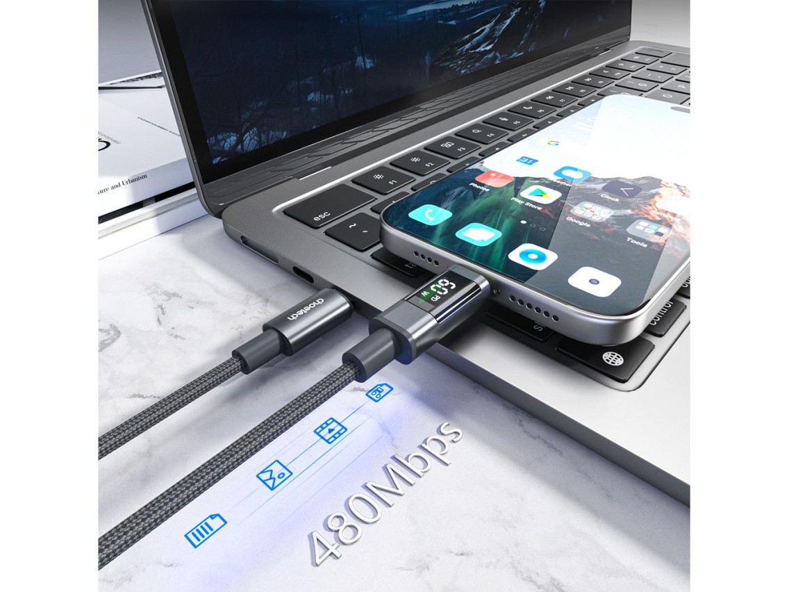 Choetech XCC-1068 PD 60W USB-C - Cable USB-C con pantalla de 1,2 m - Negro