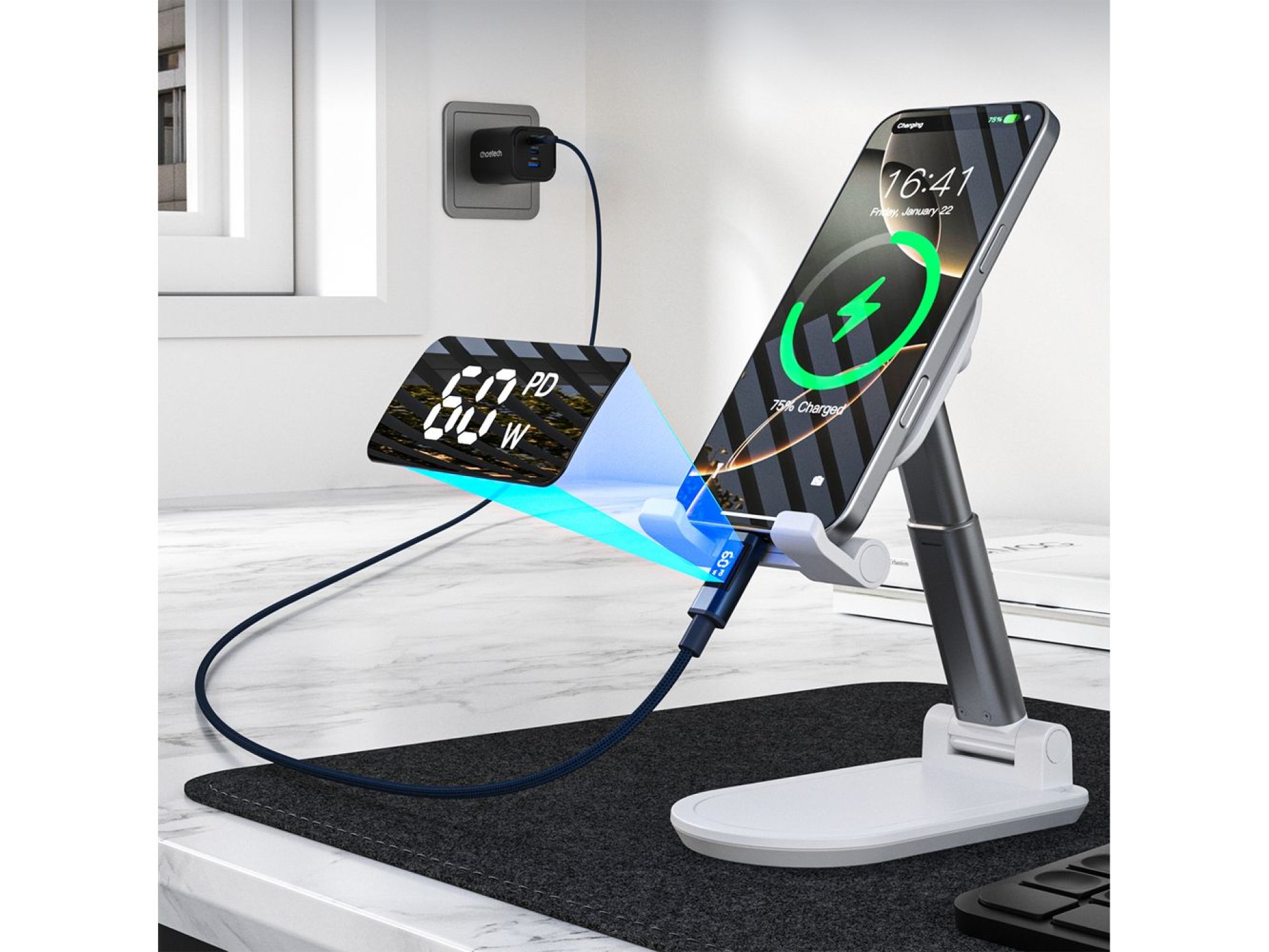 Choetech XCC-1068 PD 60W USB-C - USB-C Cable with Display 1.2 m - Blue