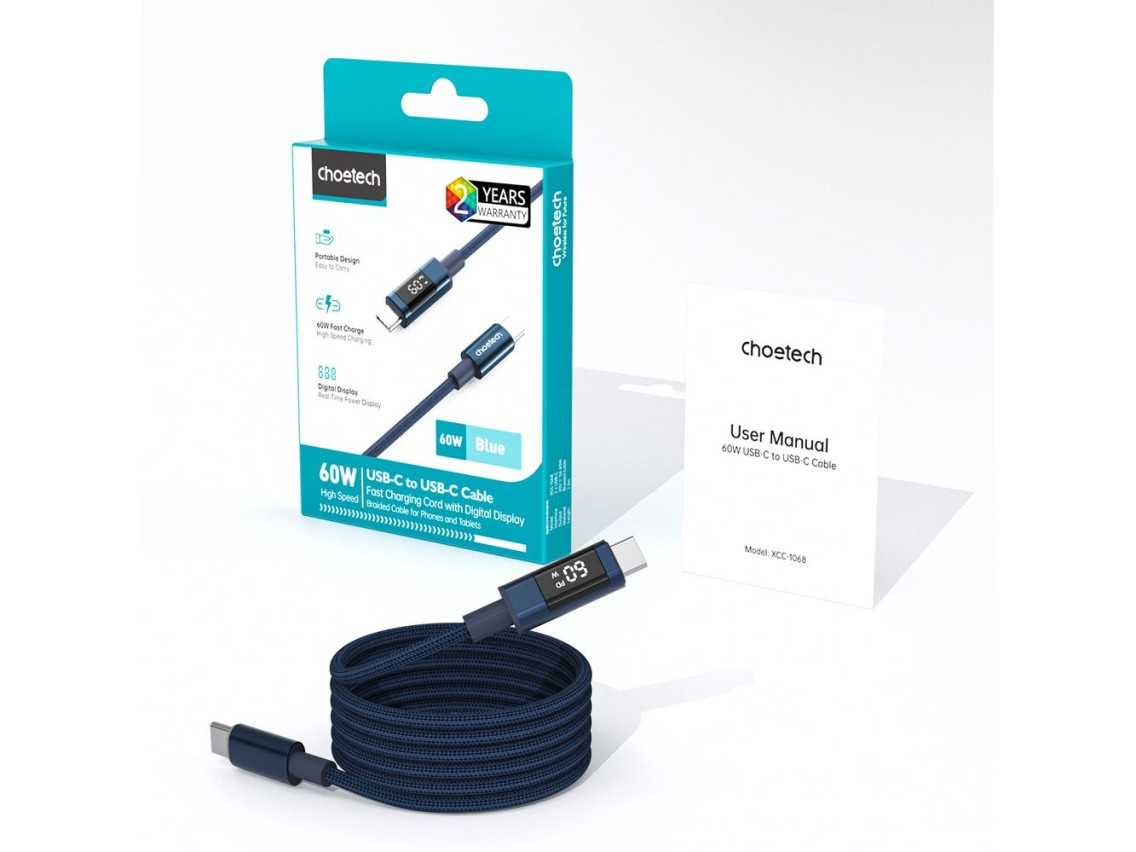 Choetech XCC-1068 PD 60W USB-C - USB-C Cable with Display 1.2 m - Blue