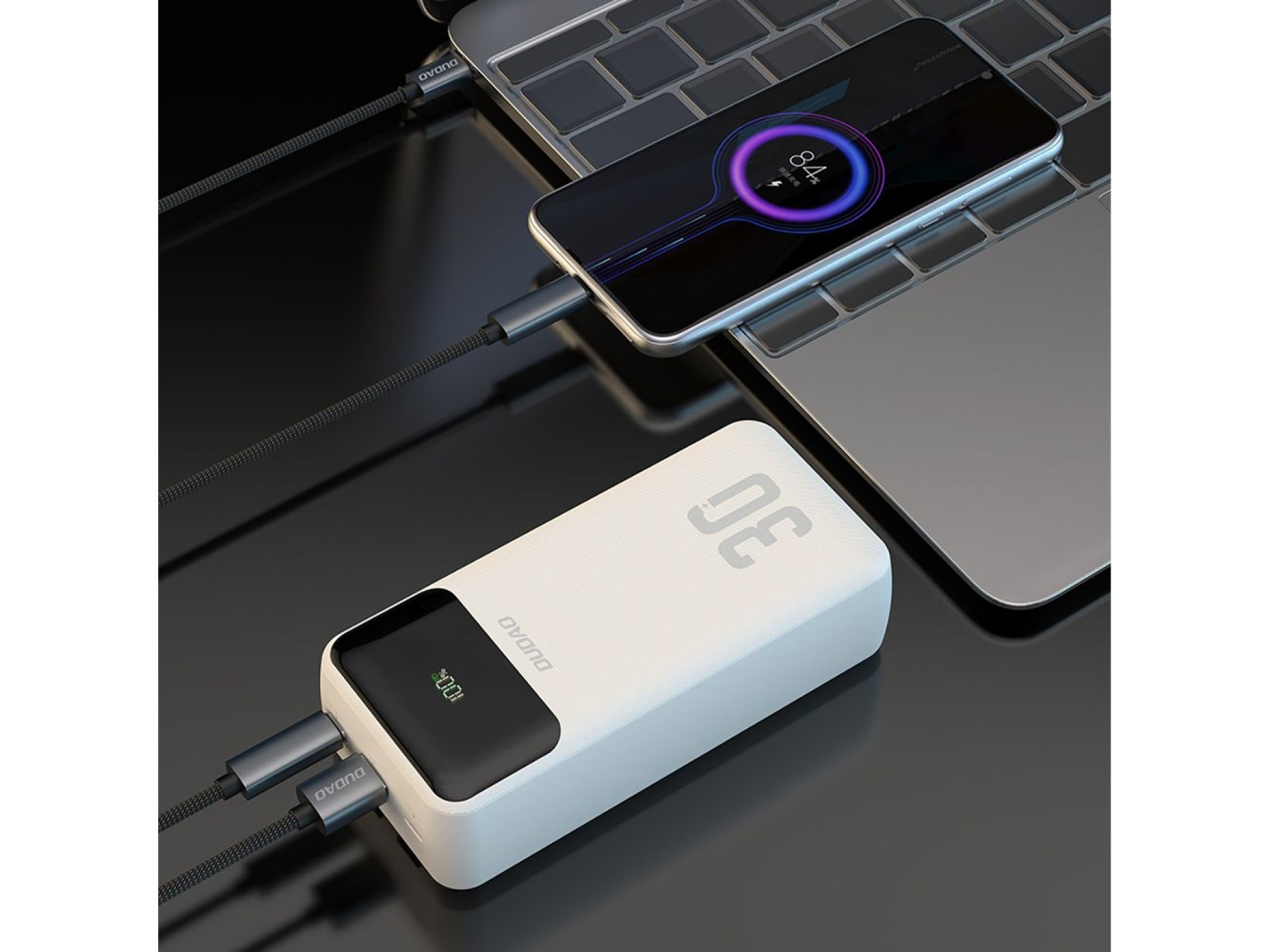 Batería externa Dudao K15Max de 30000 mAh PD de 22,5 W con cables USB-C y Lightning - Blanca