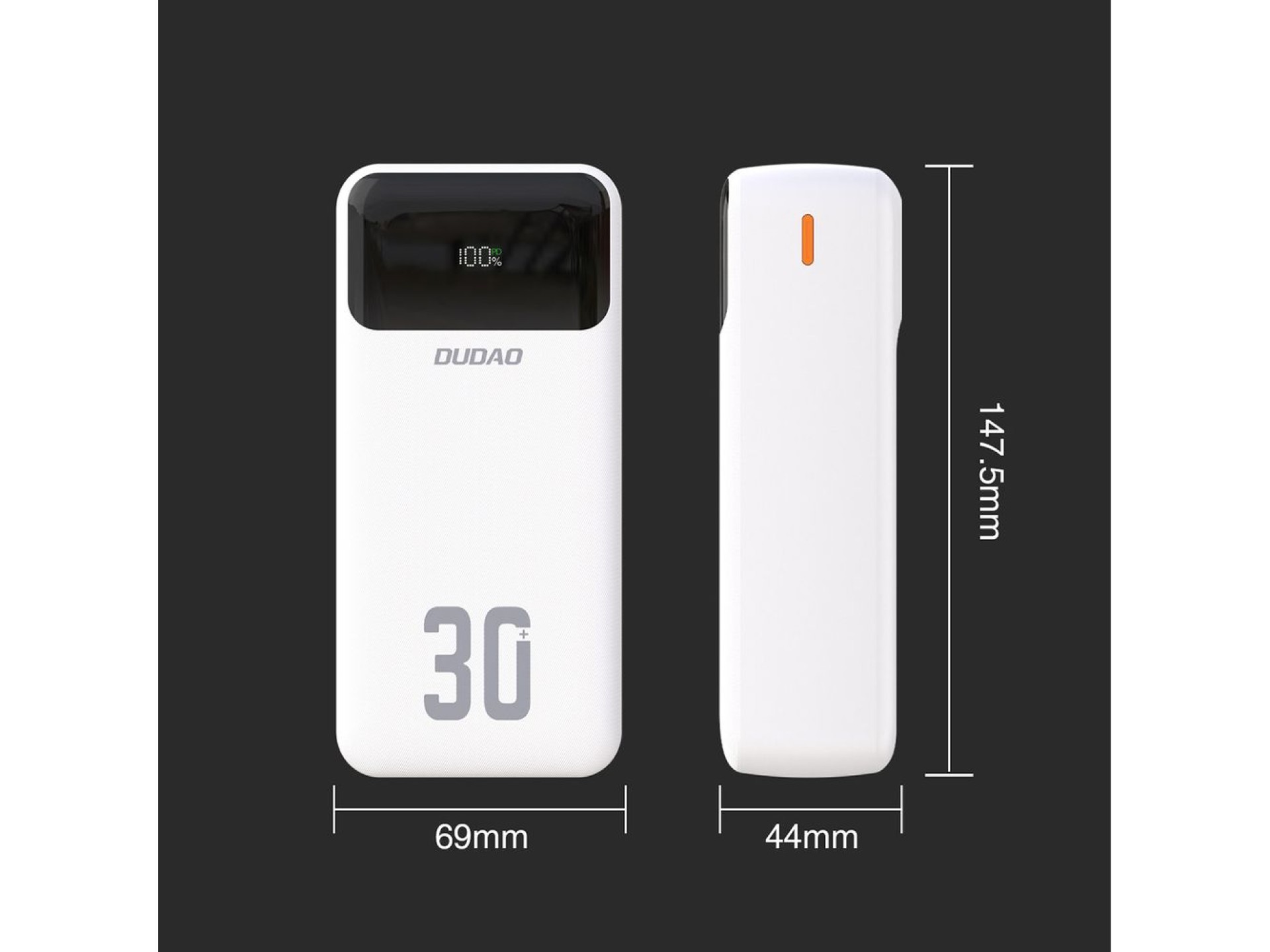 Batería externa Dudao K15Max de 30000 mAh PD de 22,5 W con cables USB-C y Lightning - Blanca