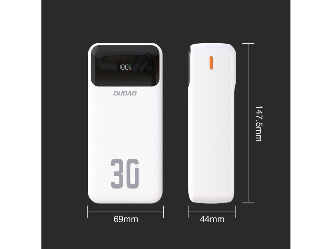 Batería externa Dudao K15Max de 30000 mAh PD de 22,5 W con cables USB-C y Lightning - Blanca