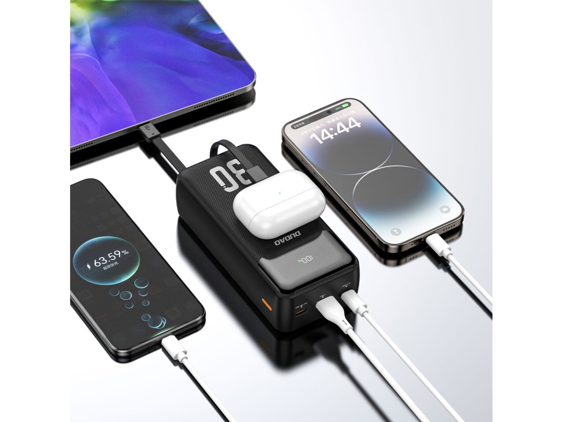 Batería externa Dudao K15Max de 30000 mAh PD de 22,5 W con cables USB-C y Lightning - Blanca