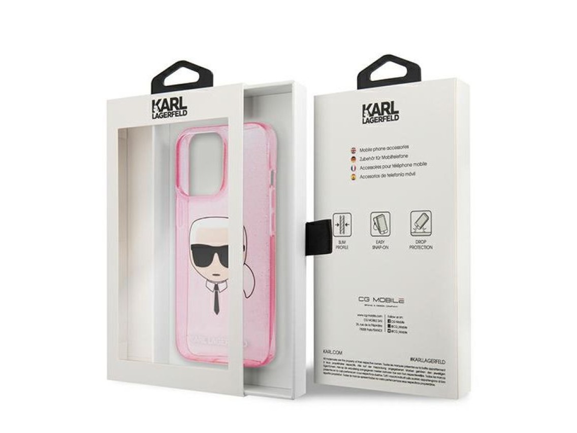 Funda con purpurina Karl's Head de Karl Lagerfeld para iPhone 13 Pro Max - Rosa